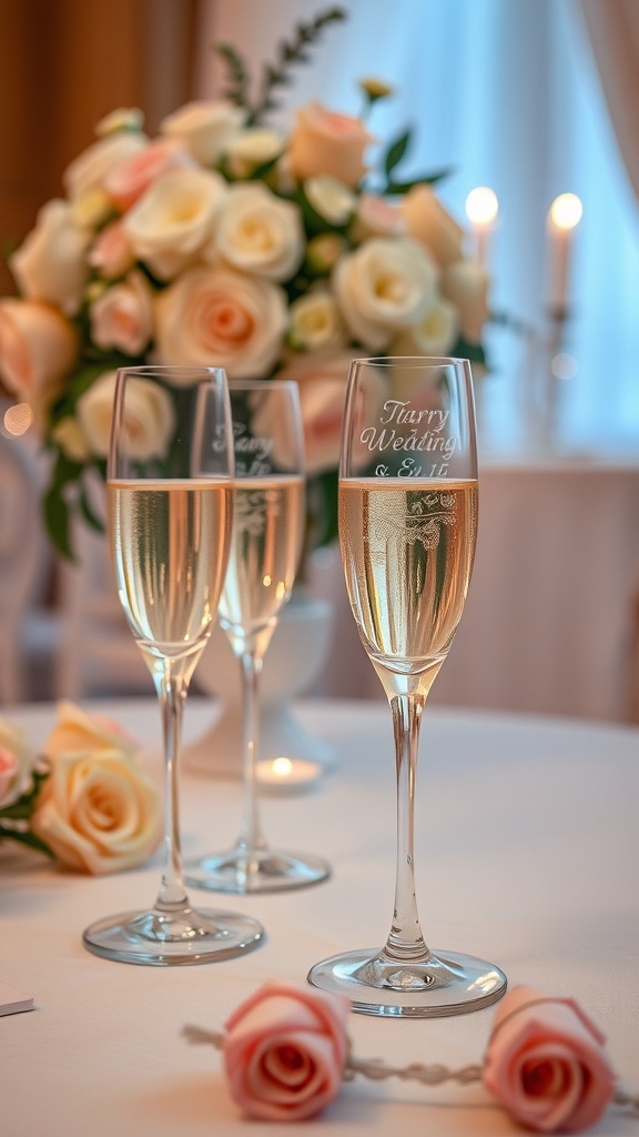 Elegant wedding toast glasses on a decorated table with floral arrangements.